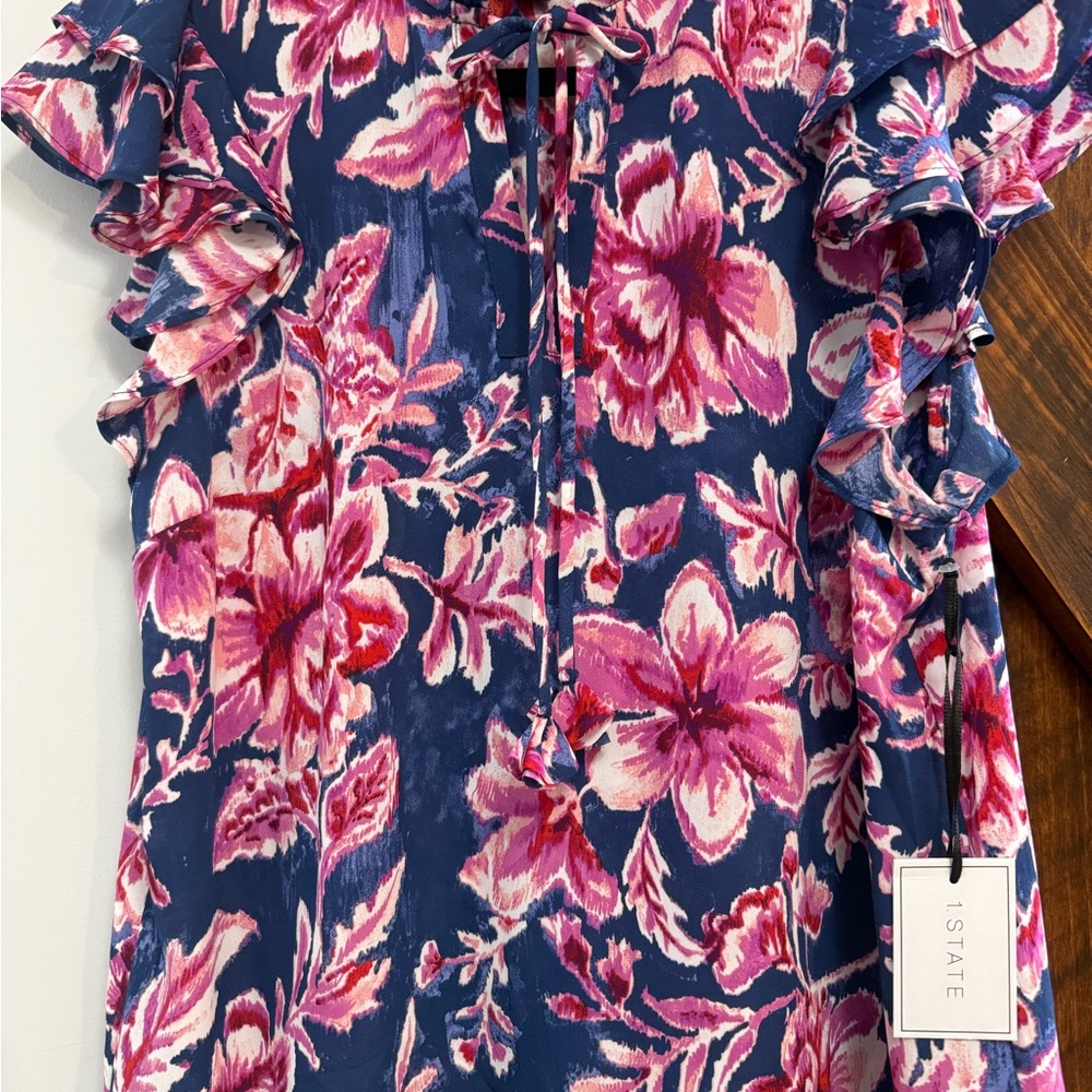 1. State Navy and Pink Floral Ruffle Blouse